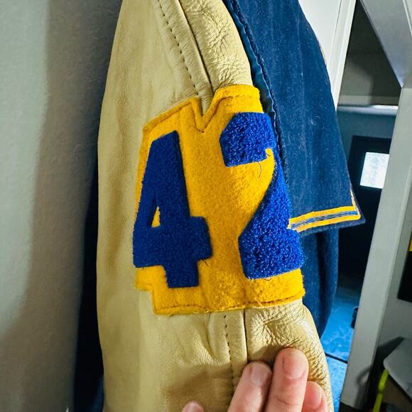 Vintage Hatchers Blue Gold 60s Letterman H University Leather Wool Jacket size S - Picture 4 of 12
